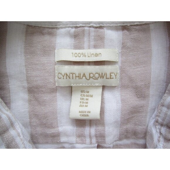 Women Cynthia Rowley 100% Linen Stripe Roll Up Sleeve Button Blouse Sz M (WB169) - Picture 2 of 9